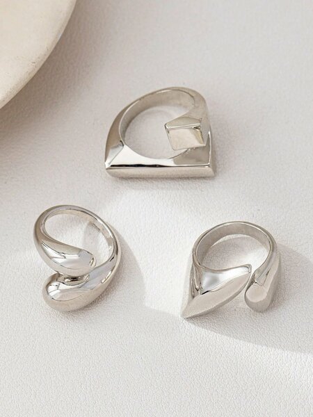 Shein - 3pcs Geometric Hollow Gold-Tone Rings, Minimalist Rings Set
