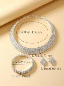 Shein - 4pcs High-End And Elegant Silver-Color Water Drop Rhinestone Collar Jewelry Set