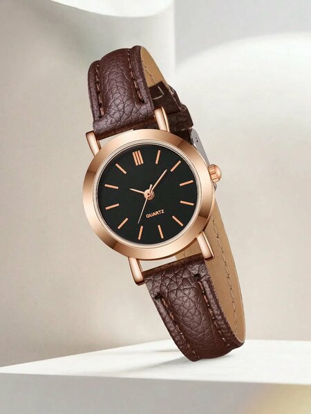 Shein - 1pc Ladies Watch Round Pointer Quartz Watch - Brown