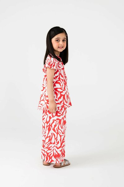 Girls Red Printed Cotton Co-ord Set