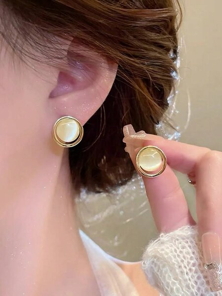 Shein - 6pcs Set Retro Smooth Surface Hong Kong Style Round Pearl Charm Cat Eye Earrings And Stud Earrings