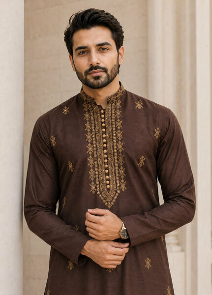 TGM Mens RTW Chikankari Chikankari Kurta Pajama Suit Aeron Brown Festive Collection