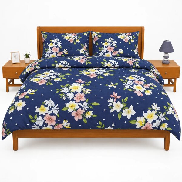 Double Comforter Dark Blue, White & Pink Flowers