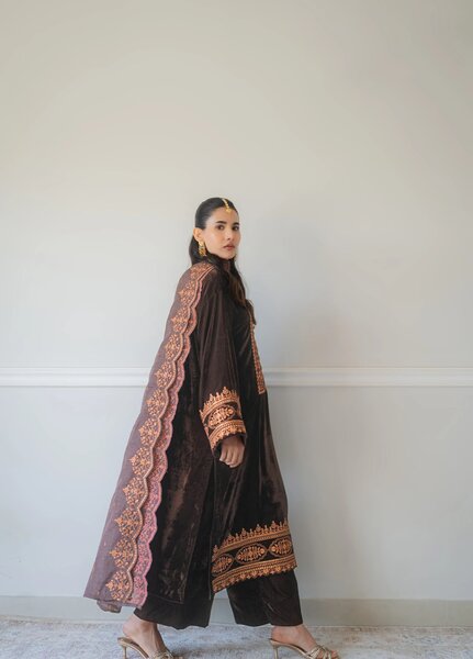 Atelier Velours by Rashid Textiles RTW Embroidered Velvet 3 Piece Suit RT26RAV Cocoa - Festive Collection