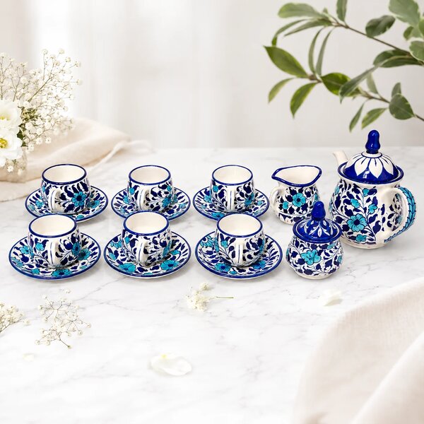 Handcrafted Multi Blue Pottery Ceramic Tea Set – 15 Piece Floral Tea Serving Set