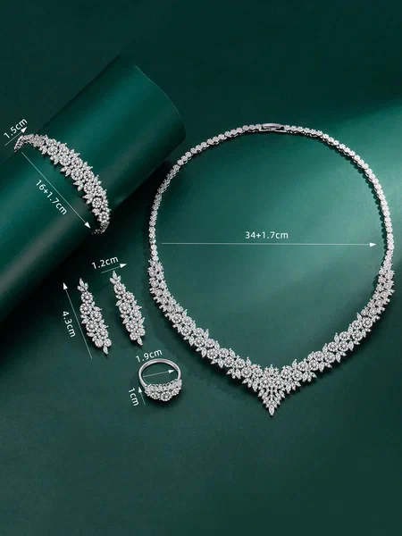 Shein - 5Pcs Rhodium Plated Cubic Zirconia Luxury Necklace, Bracelet, Earrings, Open Ring Jewelry Set