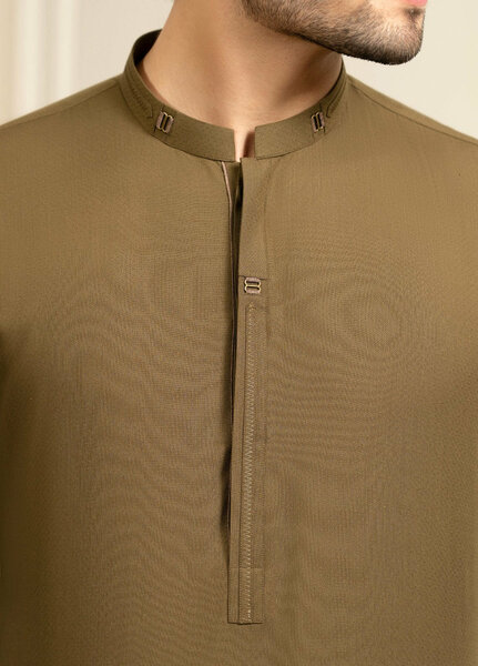 Stylish Garments Mens RTW Solids Wash N Wear Kurta Shalwar Suit Brown Golden Casual Collection