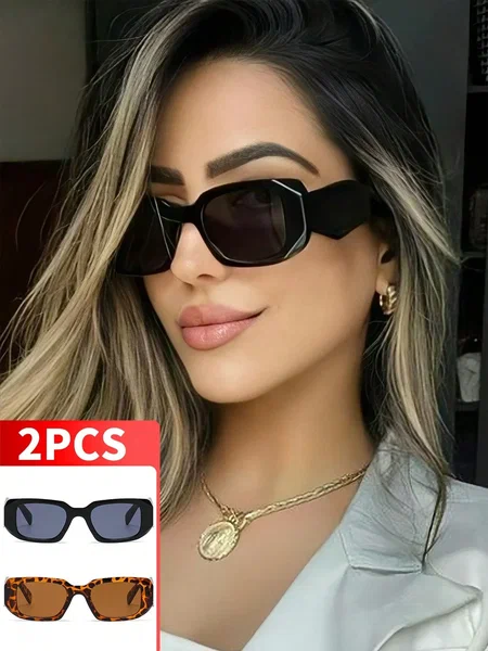 Shein - 2 Pairs Full Frame Geometric Polygon Retro Personalized Fashion Glasses