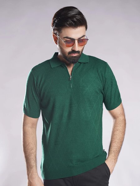 Bottle Green Sweater Knitted Zipper Polo (SKZP-023)