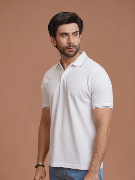 White Plain Contrast Tipping Half Sleeves Polo T-Shirt (POLO-1008)