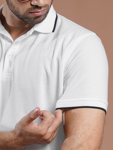 White Plain Contrast Tipping Half Sleeves Polo T-Shirt (POLO-841)