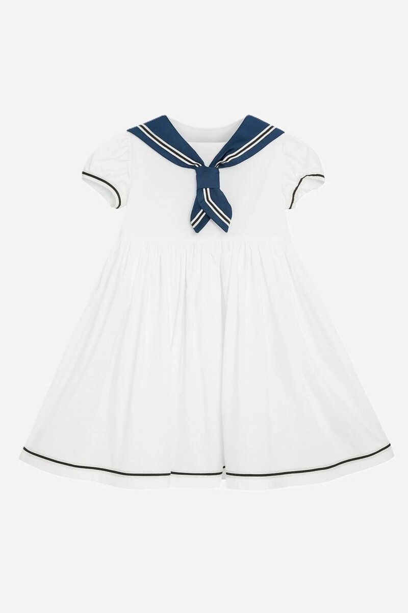 Camellia | White cotton dress with sailor collar and pleated skirt