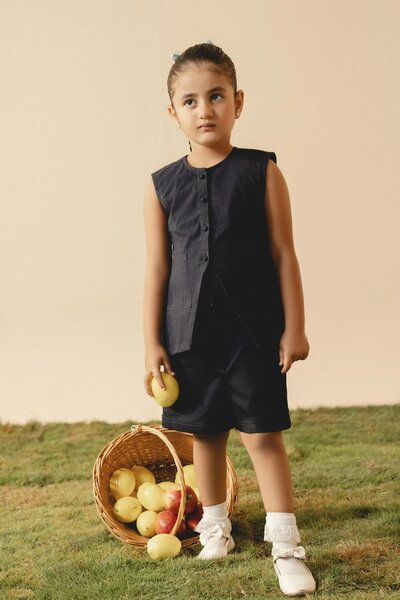 Azure Iris | Denim co-ord set with tailored sleeveless top and matching shorts