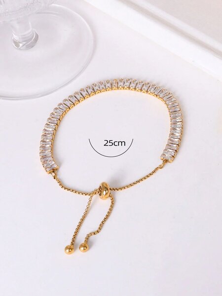 Shein - 1pc French Style Minimalist Stainless Steel Chain Bracelet With Star & Cubic Zirconia Decor For Girls' Vacation Style