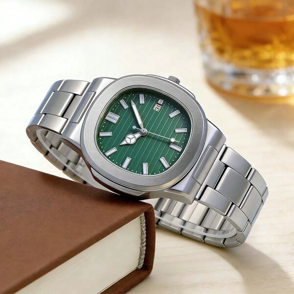Shein - 1pc Men's Steel Band Quartz Watch - Emarald Dial