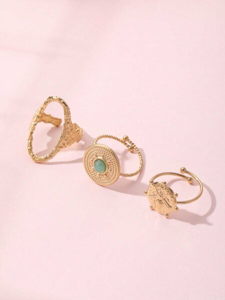 Shein - 3pcs/set Fashion Stainless Steel Round Decor Ring For Women For Daily Life