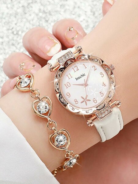 Shein - 6pcs/Set Women's Fashion Casual Rhinestone Floral Dial Quartz Wrist Watch