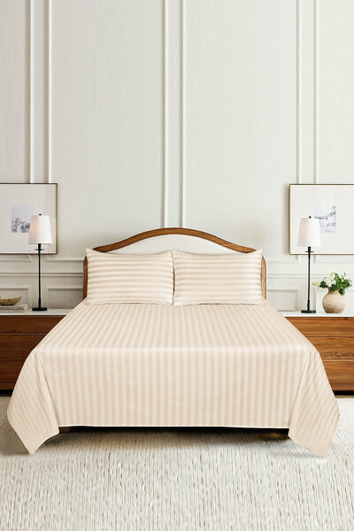 Cream Stripe Satin T-250 Bed Sheet Set 25