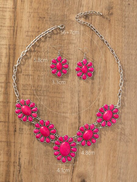 Shein - 1Set Women'S Vintage Bohemian Style Stone Pendant Necklace & Earrings, Ideal For Holidays Or Parties