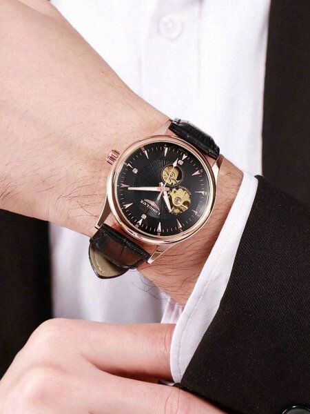 Shein - 1pc Men Hollow Automatic Mechanical Waterproof Leather Band Watch, Casual & Elegant
