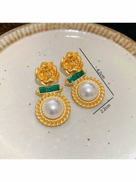 Shein - 1Pair New Fashion Antique Style Turquoise & Green Cubic Zirconia Inlaid Flower Dangle Earrings Palace Retro Vintage Fashionable Exaggerated And Elegant For Wedding Gift, Party Dressing, Daily Wear