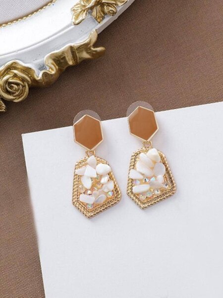 Shein - 2pairs/set Green & White Natural Stone French Style Vintage Emerald Drop Earrings Set