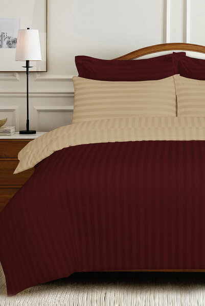 Burgundy Deep and Almond Buff Luxury Stripe Quilt Cover Set