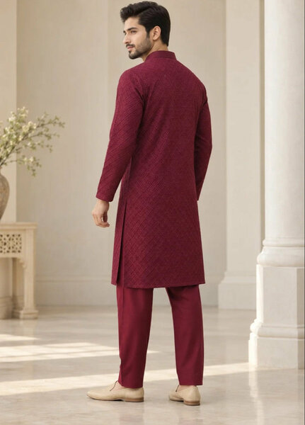 TGM Mens RTW Chikankari Chikankari Kurta Pajama Suit Titan Maroon Festive Collection