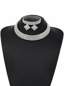 Shein - 4pcs High-End And Elegant Silver-Color Water Drop Rhinestone Collar Jewelry Set