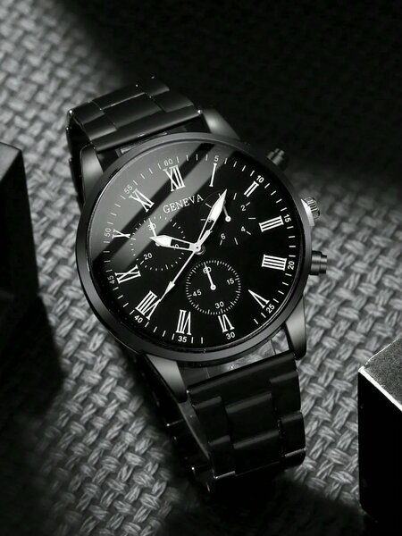 Shein - 3pcs Fashionable And Versatile Men's Steel Strap Quartz Watch