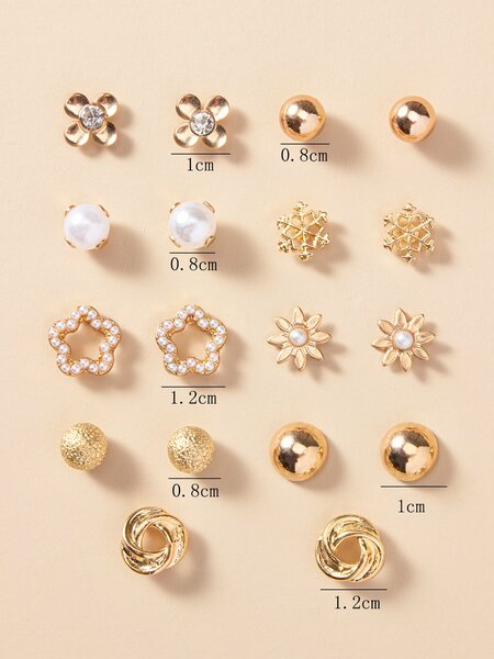 Shein - 9pairs Faux Pearl & Flower Decor Stud Earrings