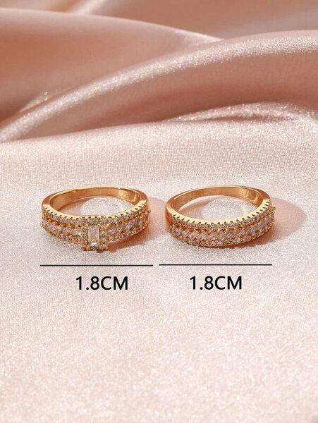 Shein - 2Pcs 18K Gold Plated Zircon Decor Ring
