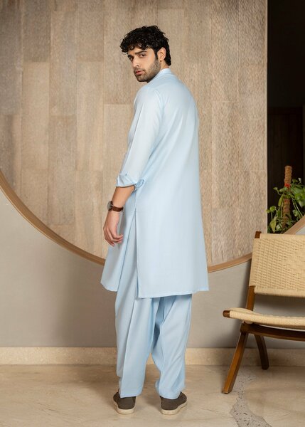 Buraq Men RTW Solids Wash N Wear Kurta Shalwar Suit Sky Blue Casual Collection