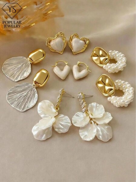 Shein - 10pcs/5 Pairs Rhinestone Flower Petal Faux Pearl Teardrop Heart Stud Earrings