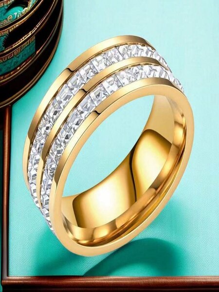 Shein - 3Pcs/Set Titanium Steel Jewelry Set, Including Three-Layered Rhinestone Necklace, Bracelet And Ring