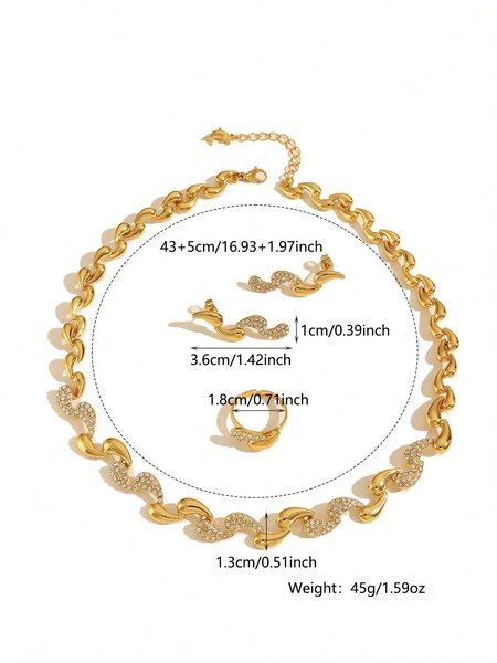 Shein - Elegant Copper Alloy Gold Plated Rhinestone Inlaid Chain Earrings, Ring, Necklace Jewelry Set