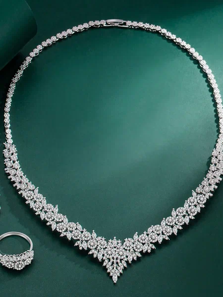 Shein - 5Pcs Rhodium Plated Cubic Zirconia Luxury Necklace, Bracelet, Earrings, Open Ring Jewelry Set