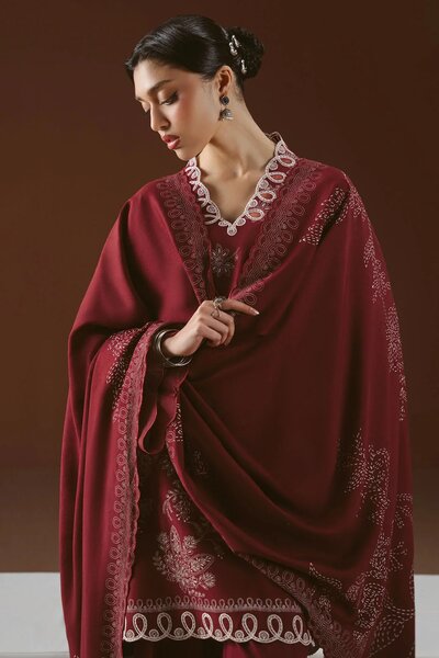 Cross Stitch Unstitched Embroidered Linen 3 Piece Suit CS26UW Scarlet Ink - Winter Collection