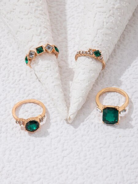 Shein - 4Pcs/Set Glamorous Zinc Alloy Rhinestone Geometric Decor Ring For Women For Girlfriend'S Gift