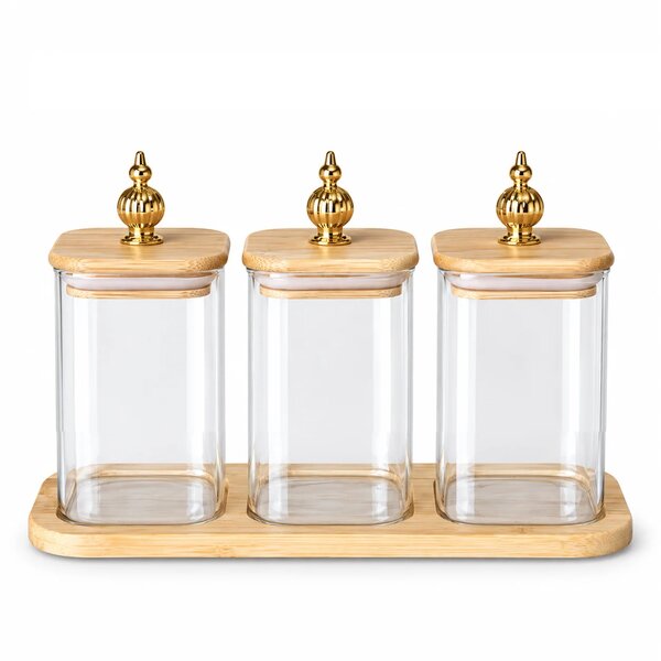3-Piece Glass Jar Set with Wooden Stand