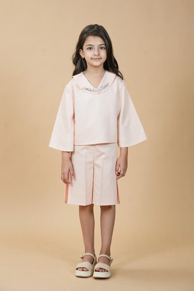 Strawberry Milk |  Pure cotton co-ord set with hand-embroidered collar