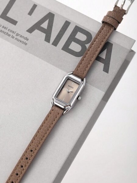 Shein - Casual Rectangular Small Dial Watch, Litchi Grain Leather Strap