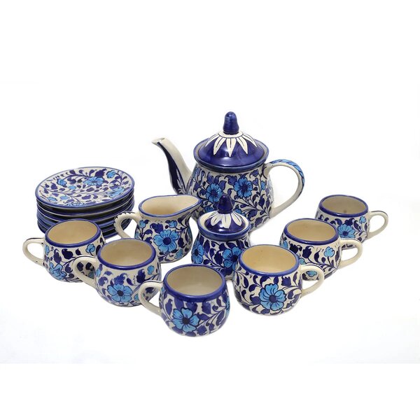 Handcrafted Multi Blue Pottery Ceramic Tea Set – 15 Piece Floral Tea Serving Set