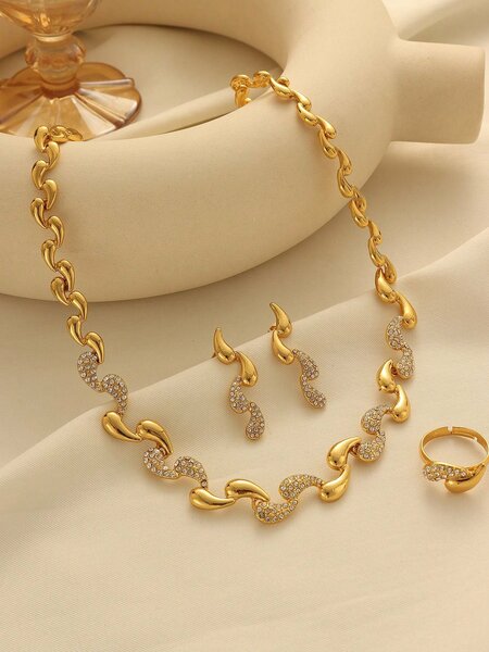 Shein - Elegant Copper Alloy Gold Plated Rhinestone Inlaid Chain Earrings, Ring, Necklace Jewelry Set