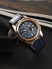 Shein - Men's Watch Quartz Movement New Leather Belt Luminous Waterproof Blue