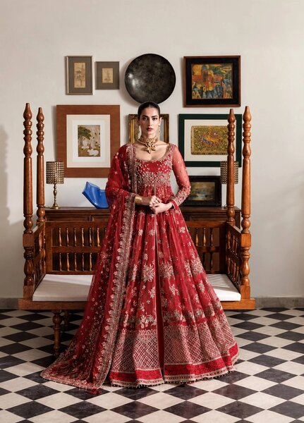Marwa by Maryam Hussain Unstitched Embroidered Organza 3 Piece Suit Crimson - Wedding Collection