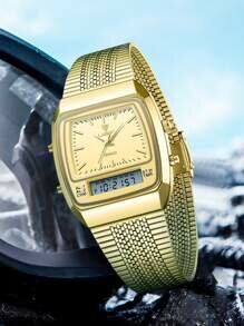 Shein - 1pc Men's Golden Case Trendy 12/24-hour Mode Dual Time Display Stainless Steel Waterproof Quartz Watch