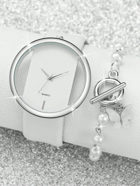 Shein - 1pc Minimalist Round Pointer Quartz Watch & 1pc Butterfly Charm Bracelet