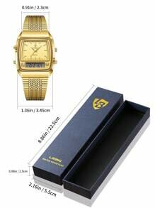 Shein - 1pc Men's Golden Case Trendy 12/24-hour Mode Dual Time Display Stainless Steel Waterproof Quartz Watch