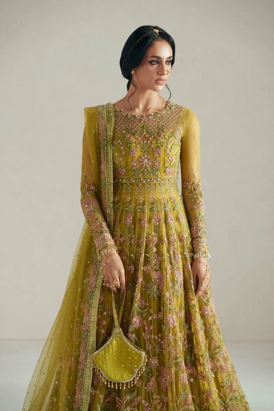 Vera Unstitched Embroidered Net 4 Piece Suit VR26UWF Marigold Mustard - Wedding Collection